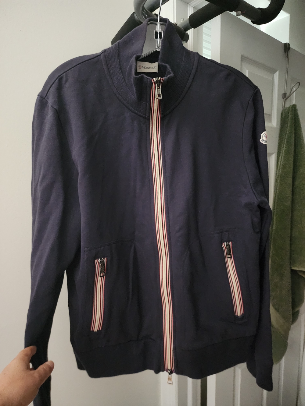 Authentic Moncler Navy Zip-Front Jacket with Tricolor Stripe. L-XL